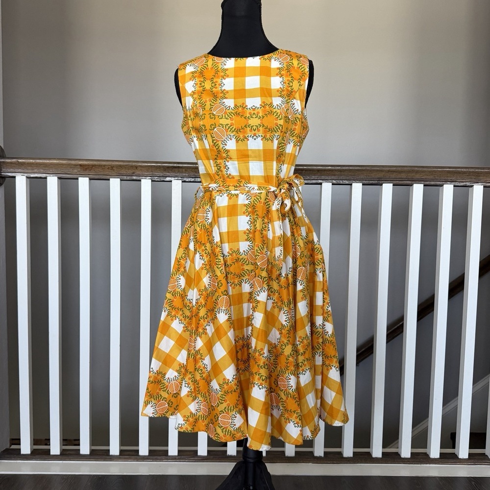 Miss Lulo Ruby Orange Gingham Sleeveless Belted Dress Small Resort Cottage Retro